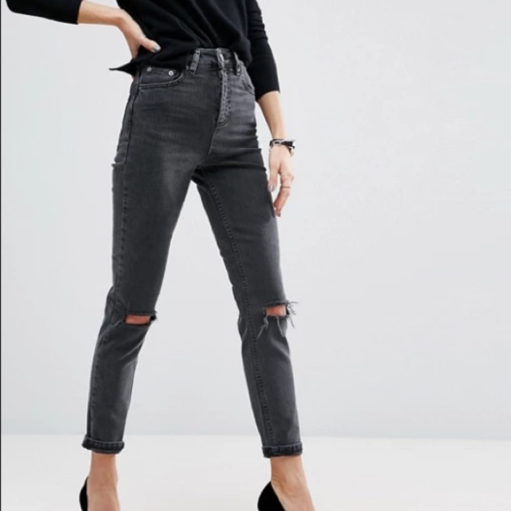 ASOS FADED BLACK DENIM HIGH WAISTED DISTRESSED JEANS